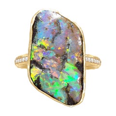 Pamela Froman One of a Kind Fiery Boulder Opal White Diamond Gold Crush Ring