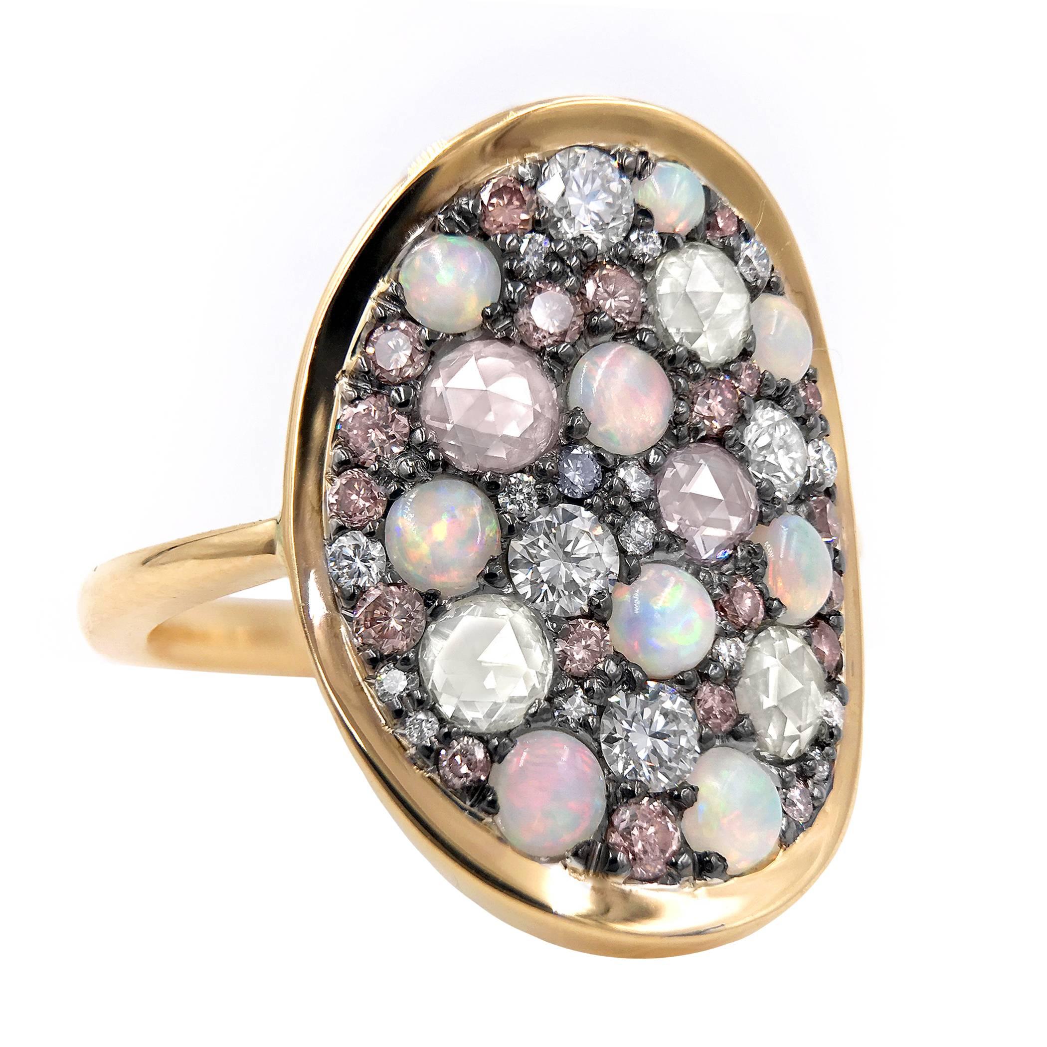Joke Quick Natural Pink, Blue, and White Diamond Australian Opal Starstruck Ring