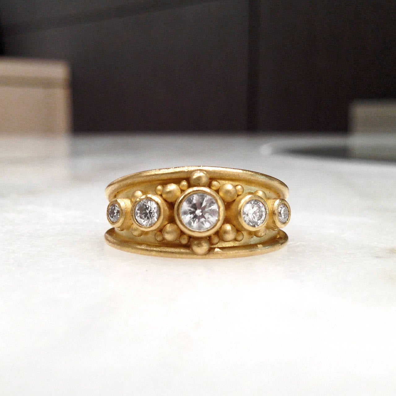 Denise Betesh Diamond Gold Granulation Cigar Band Ring at 1stDibs