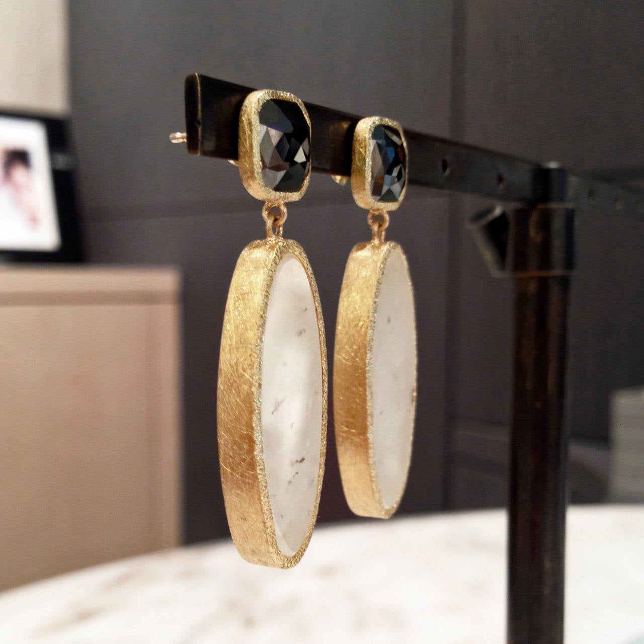 Devta Doolan Reflective White Jade Black Diamond Gold Earrings In New Condition In Dallas, TX