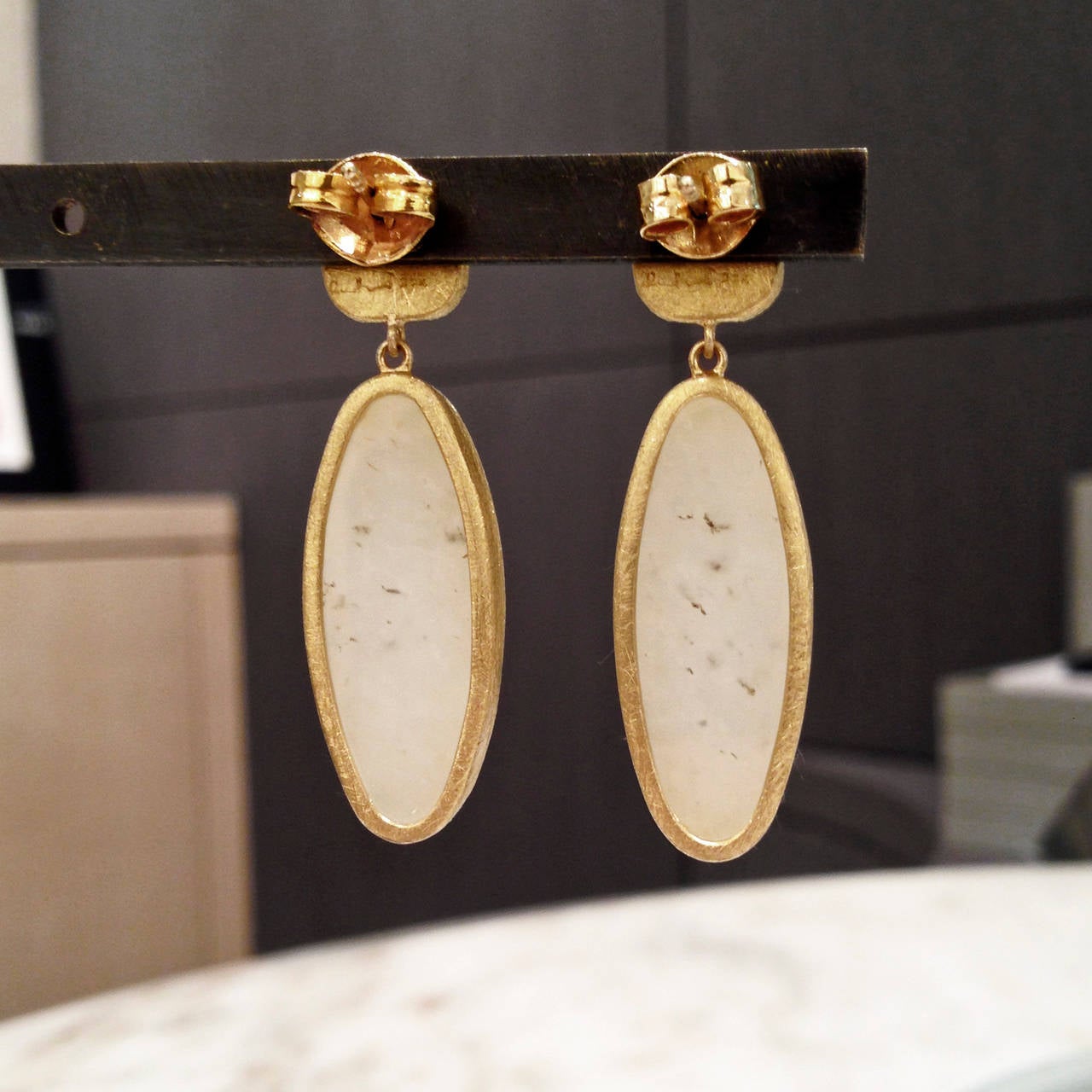 Artist Devta Doolan Reflective White Jade Black Diamond Gold Earrings