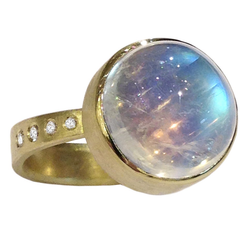 Robin Waynee Blue Moonstone White Diamond Gold Button Ring