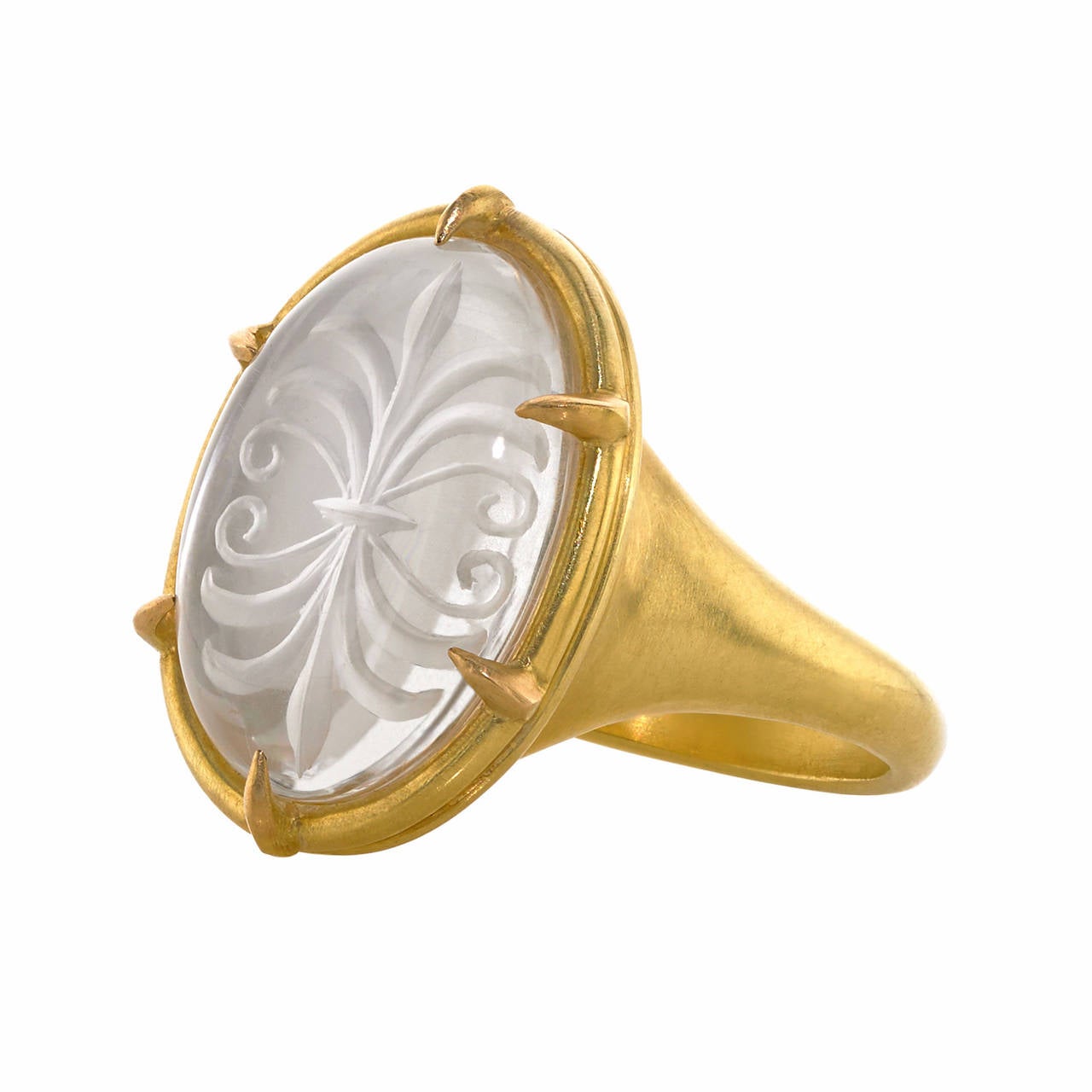 One-of-a-Kind Ring handcrafted in 22k yellow gold with a hand-carved quartz intaglio prong set over a mother-of-pearl back with beautiful, understated coloration. The carving in the gemstone is set directly against the mother-of-pearl, allowing the
