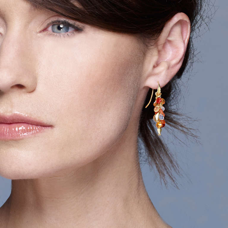 One-of-a-Kind, Hand-Crafted Cluster Earrings in 18k yellow gold with fire opal briolettes (7.45tcw) .