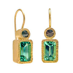 Bluish-Green Tourmaline and Inverted Black Diamond Gold Earrings