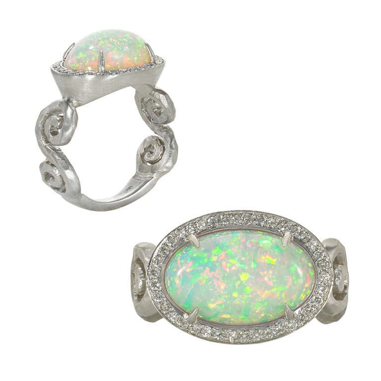 Handcrafted, One-of-a-Kind Fire and Ice III Ring in matte, hand-hammered 18k white gold with a cabochon-cut, white Ethiopian opal (3.17cts) and a pave diamond bezel (0.22ct). Size 6.5 (Can be sized)