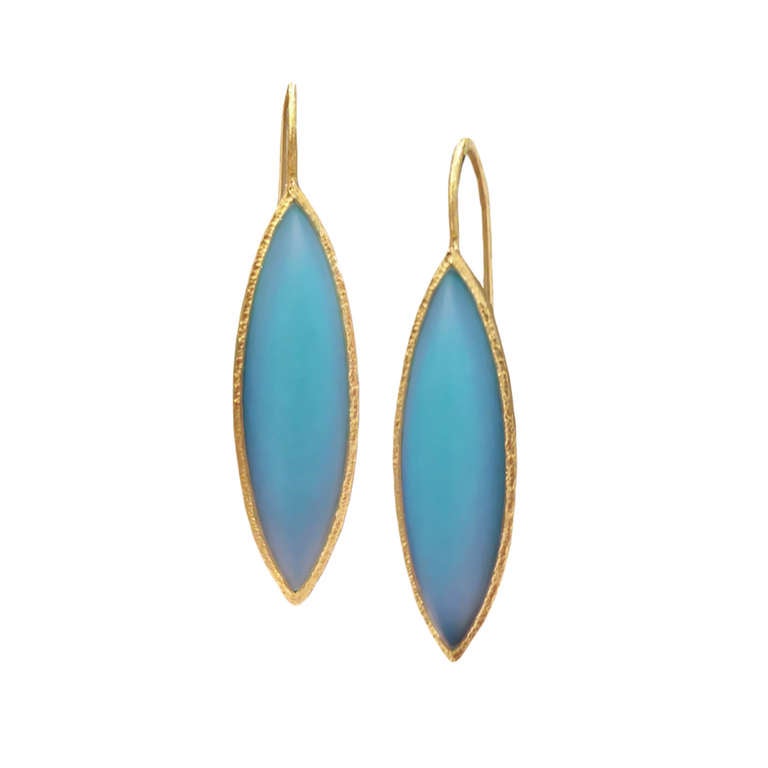 Handcrafted, One-of-a-Kind Earrings in 22k yellow gold with spectacular blue agate with hints of violet.