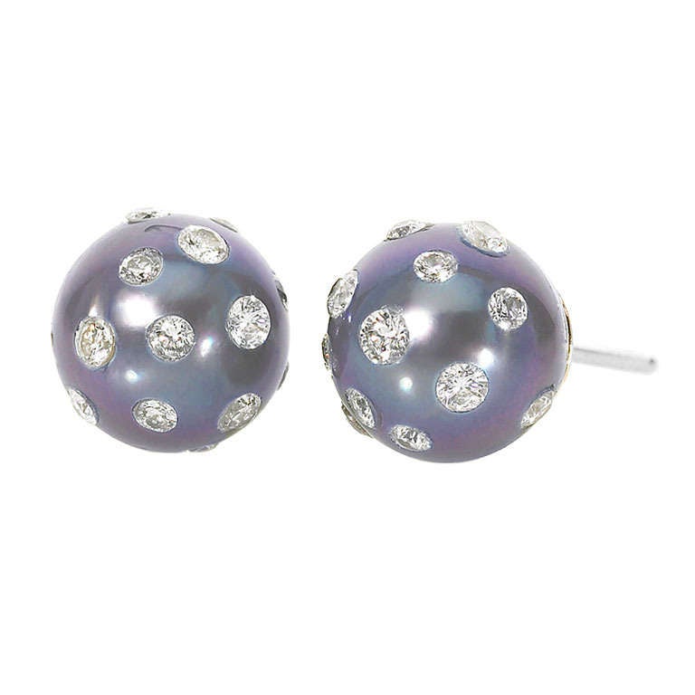 Rare Blue-Violet Tahitian Pearl Diamond Earrings