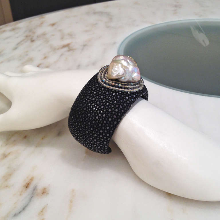 Contemporary Russell Trusso Black Shagreen Baroque Pearl Moonstone Gold Cuff Bracelet