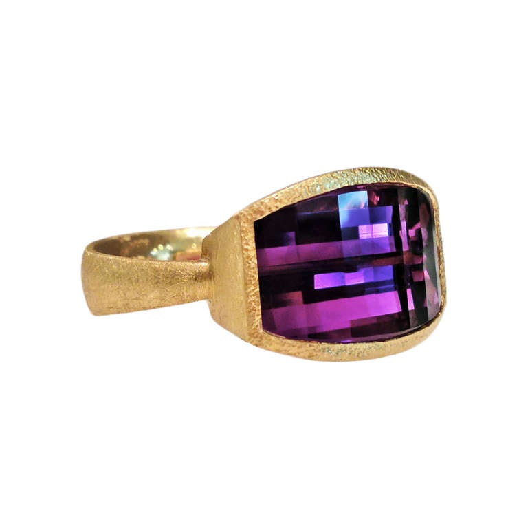 Handcrafted, One of a Kind Geometric-Cut Amethyst Ring in 22k yellow gold. Size 8 (Can be sized).