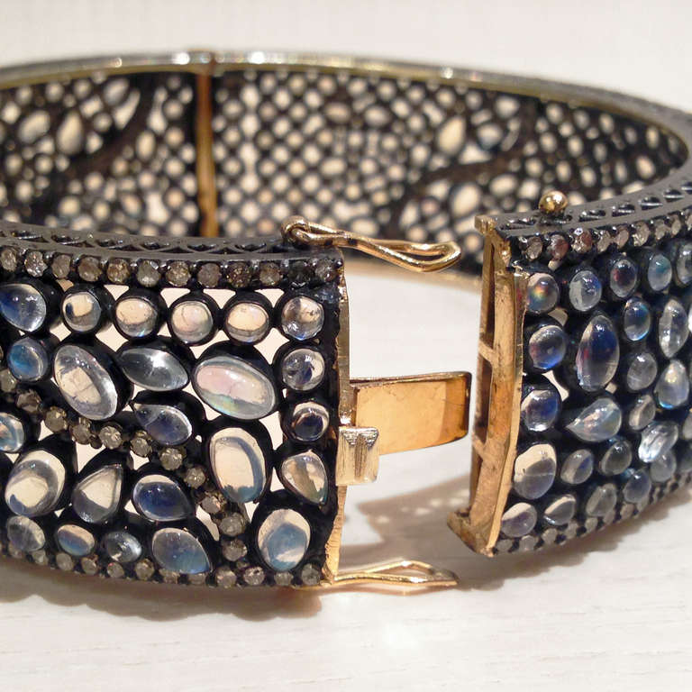 Women's Lauren Harper Blue Moonstone Diamond Silver Gold Bubble Cuff Bracelet