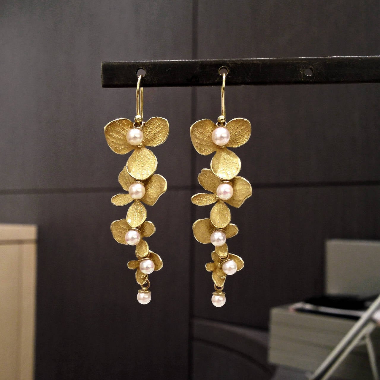 Hydrangea Drop Earrings in 18k yellow gold with white pearls and 18k yellow gold ear wires.