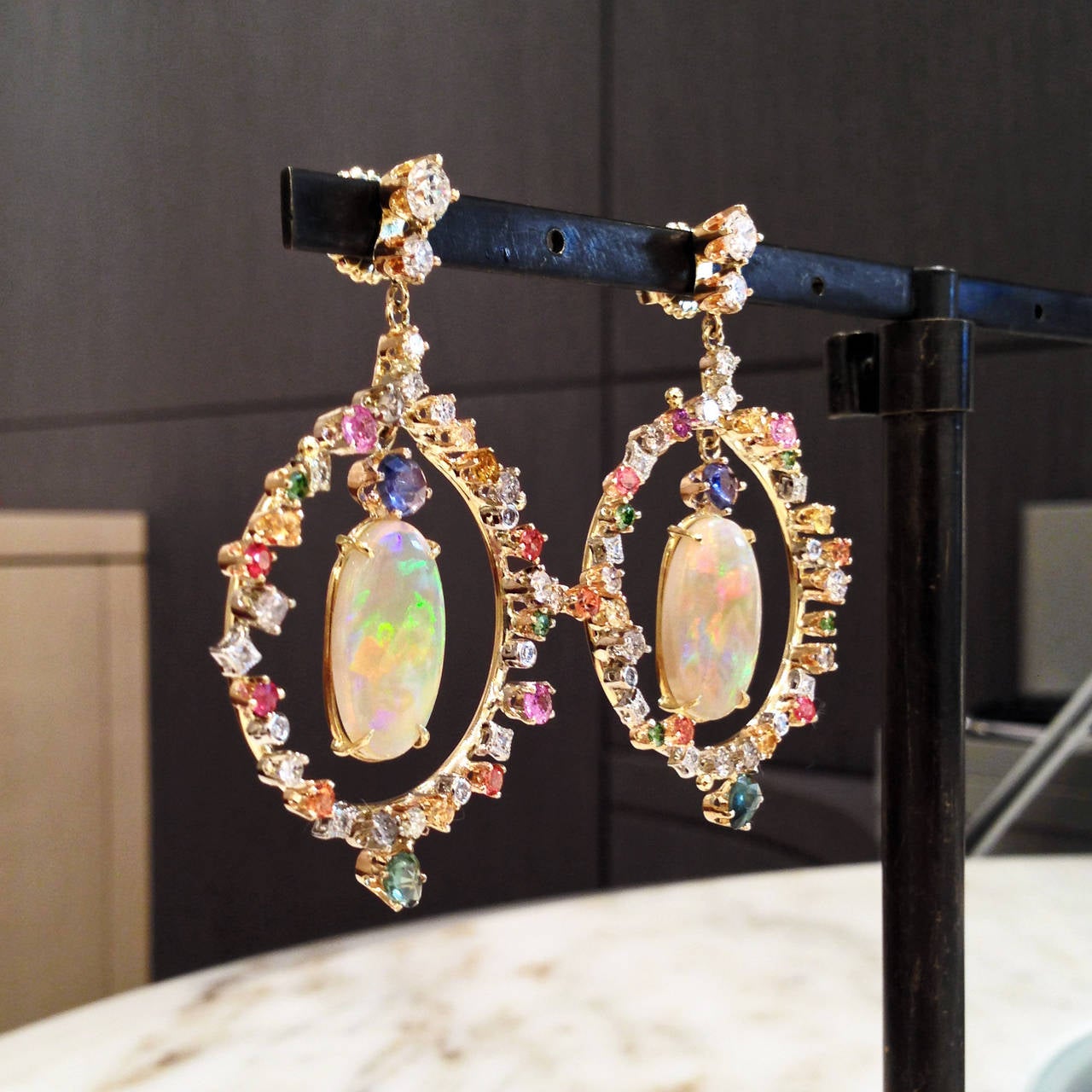 Russell Trusso Certified Matched Opal Multicolor Sapphire Diamond Gold Earrings In New Condition In Dallas, TX