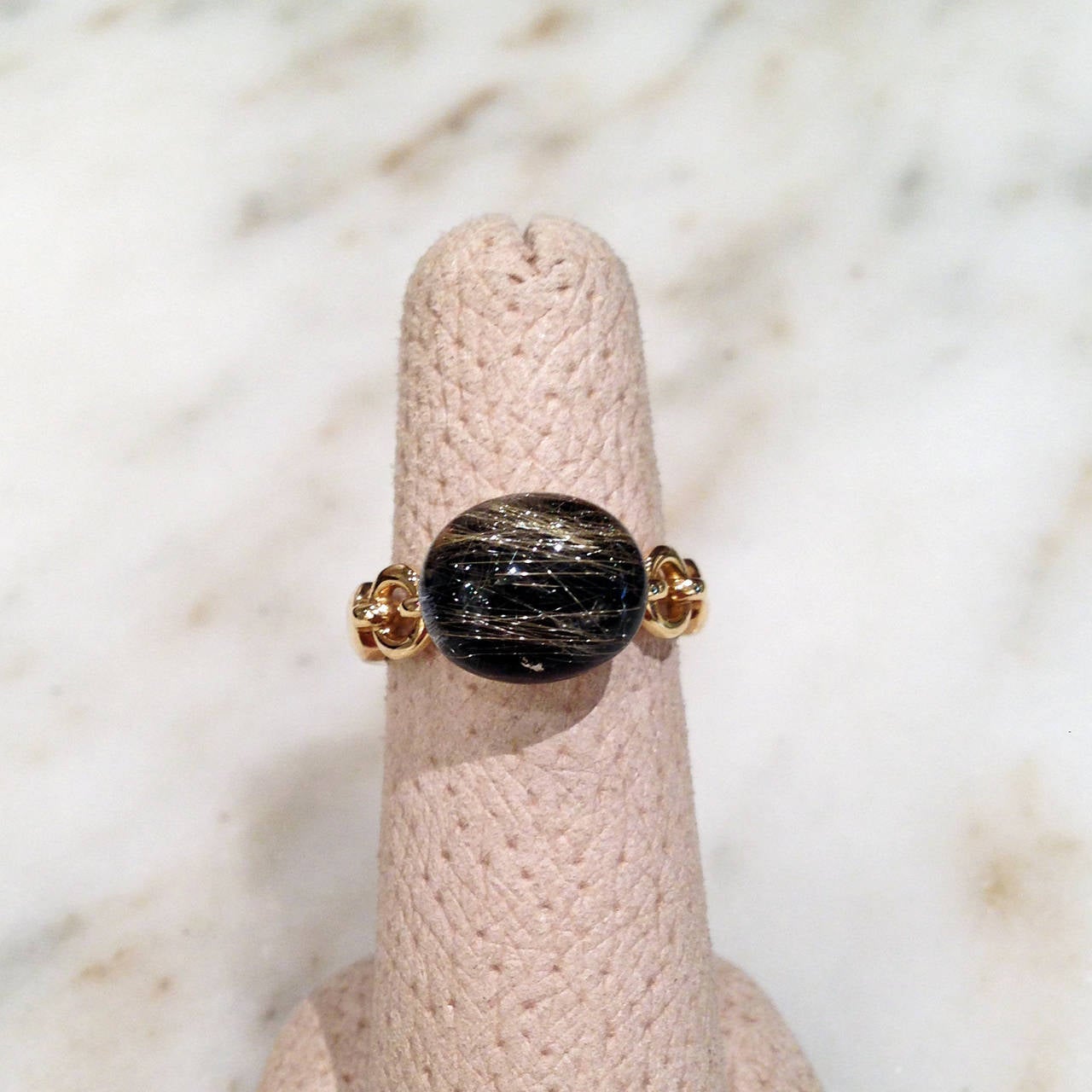 Handcrafted Three Dimensional Golden Needles Ring handcrafted in shiny 18k yellow gold with a cabochon-cut rutilated quartz laid over an onyx slice. Size 6.25 (Can be Sized).