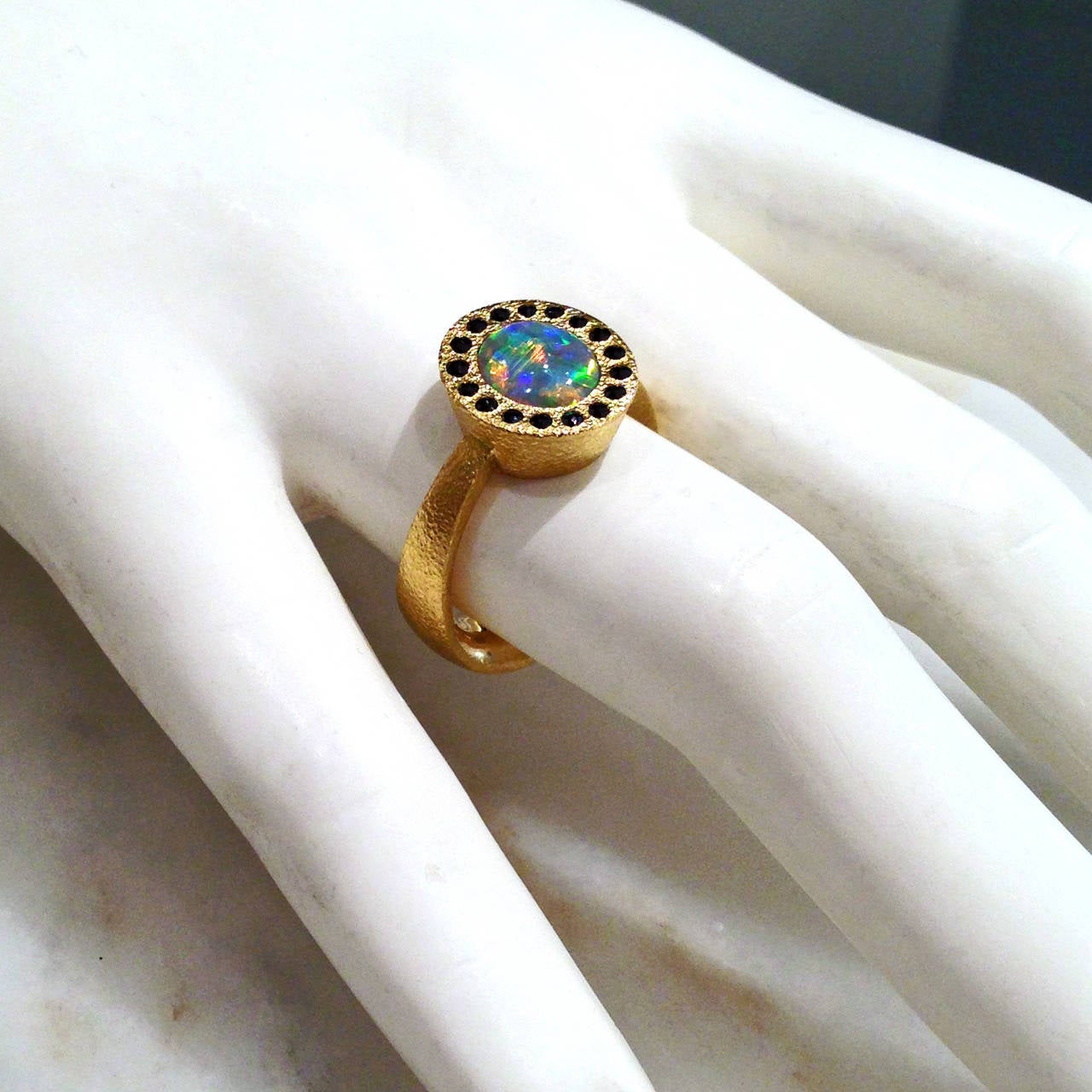 Devta Doolan Intense Red Flash Lighting Ridge Opal Black Diamond Gold Ring 1