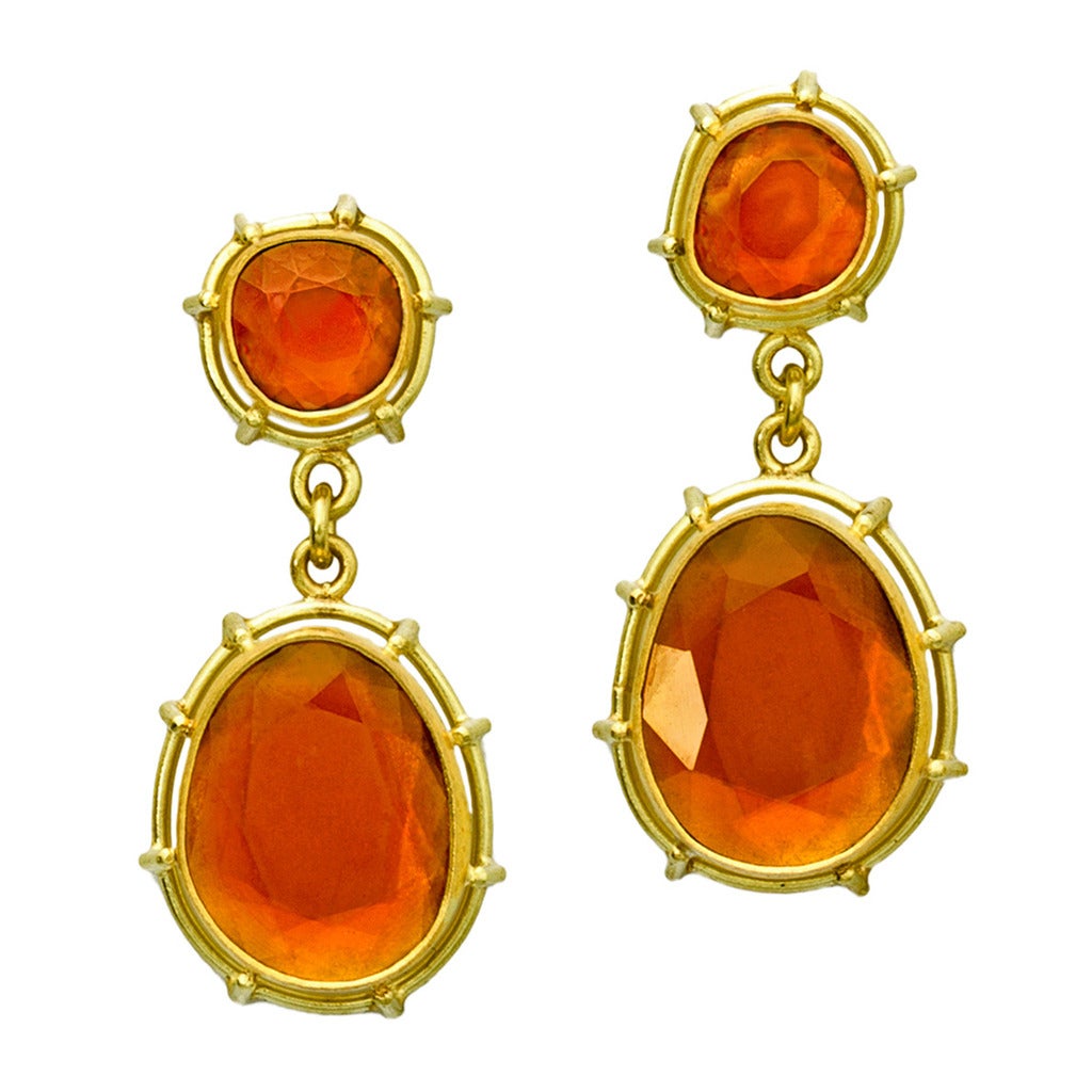 Shimmering Orange Red Tourmaline Gold Dangle Earrings