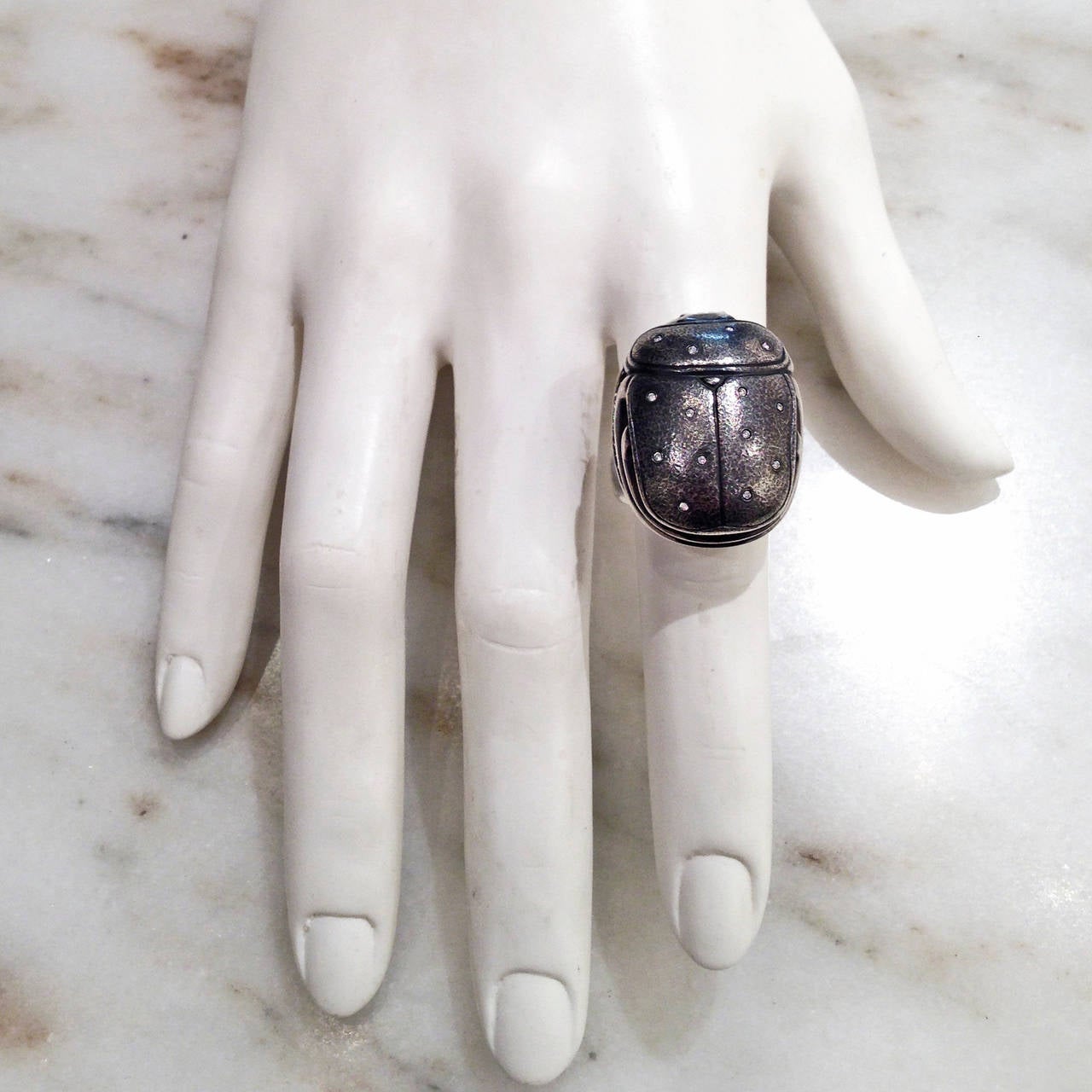 Artisan Pedro Boregaard One of a Kind White Cognac Diamond Oxidized Silver Scarab Ring