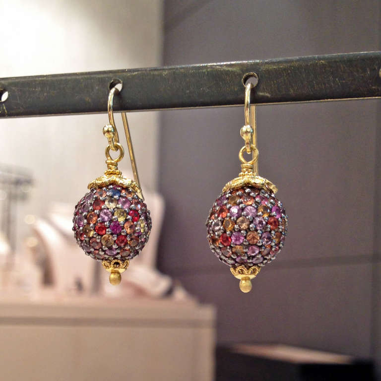 Artist One of a Kind Multicolored Sapphire Silver Gold Drop Earrings