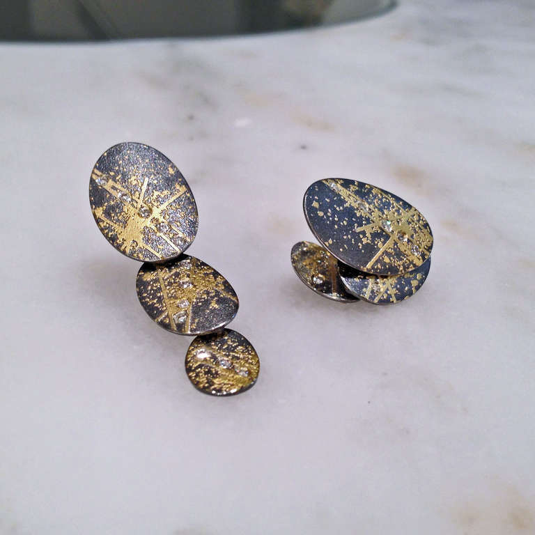 Atelier Zobel Diagonal Diamond Silver Gold Drop Earrings In New Condition In Dallas, TX