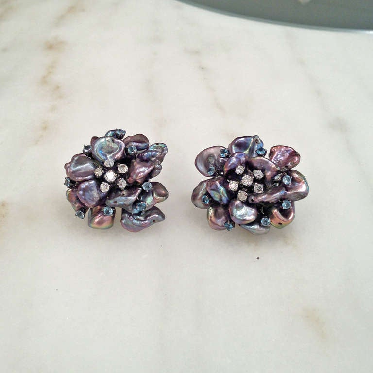 Lustrous Black Pearl Blue Sapphire White Diamond Gold Flower Petal Earrings