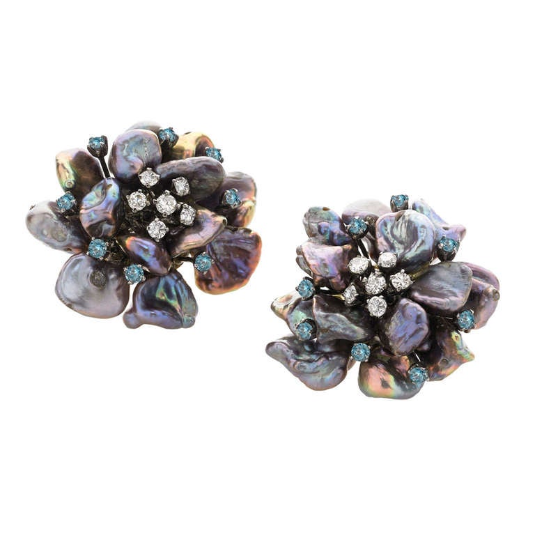 Lustrous Black Pearl Blue Sapphire White Diamond Gold Flower Petal Earrings