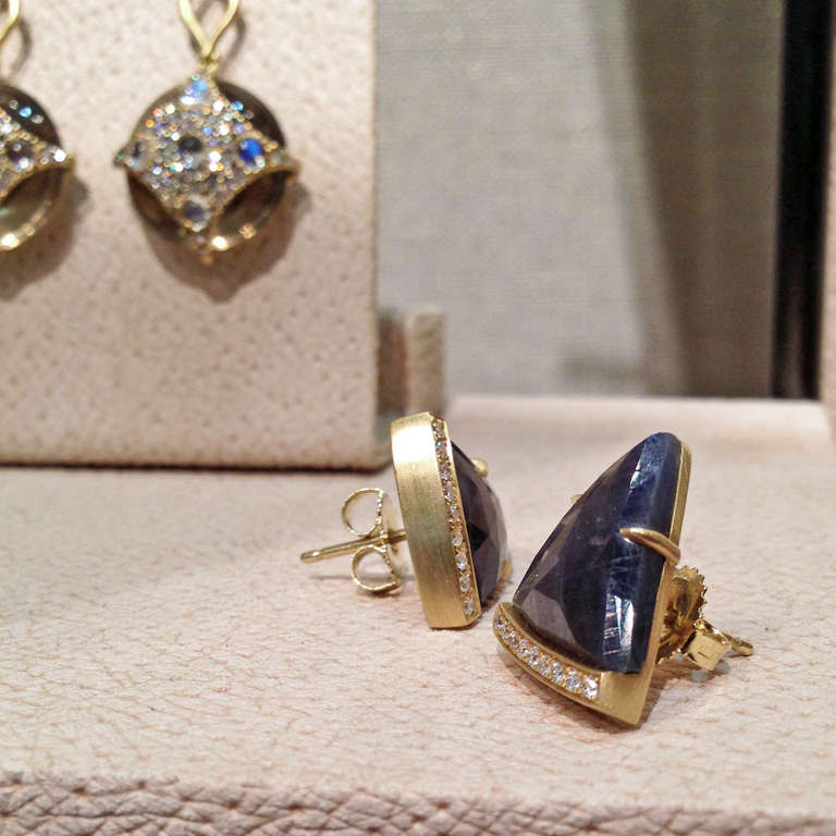 Contemporary Blue Sapphire Diamond Gold Dagger Earrings