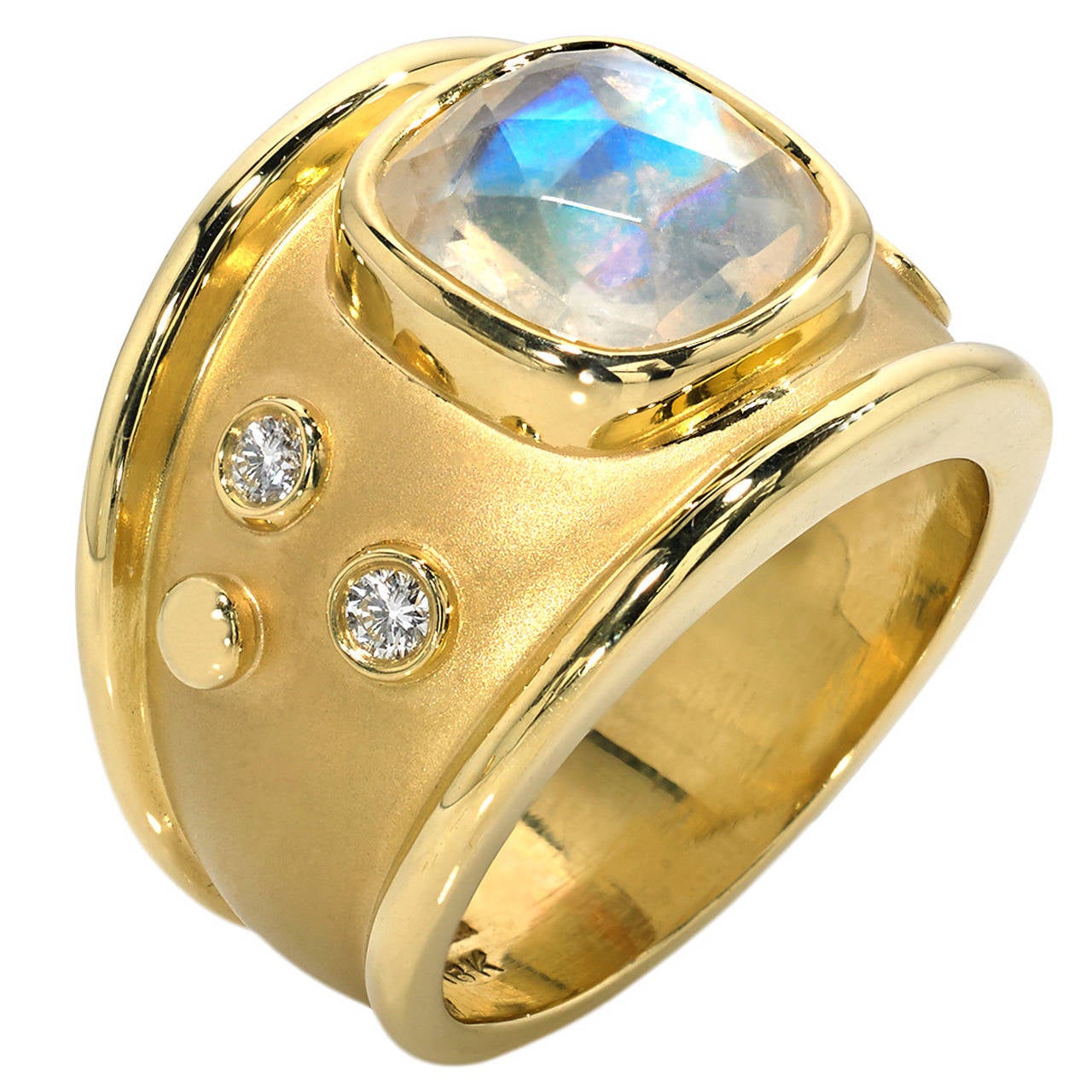Faceted Rainbow Moonstone Diamond Satin Gold Cocktail Ring at 1stdibs