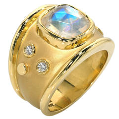 Faceted Rainbow Moonstone Diamond Satin Gold Cocktail Ring
