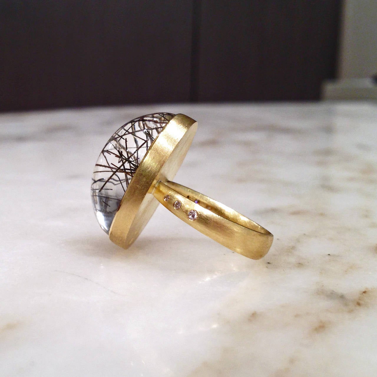 Artist Robin Waynee Mirrored Black Needle Rutilated Quartz White Diamond Dome Ring