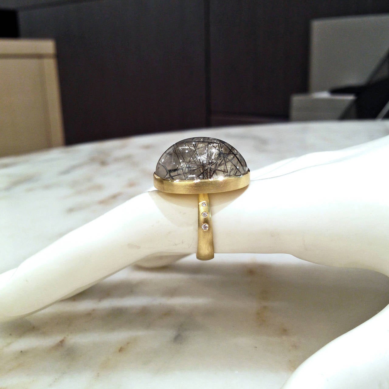 Women's Robin Waynee Mirrored Black Needle Rutilated Quartz White Diamond Dome Ring