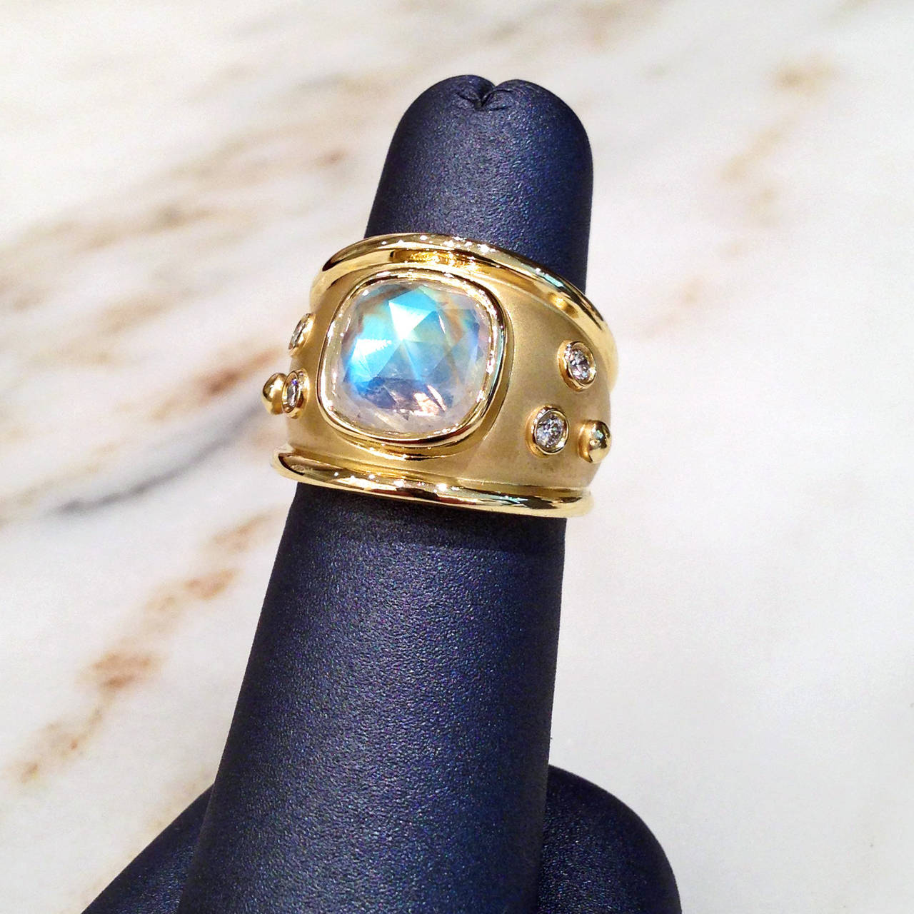 Faceted Rainbow Moonstone Diamond Satin Gold Cocktail Ring In New Condition In Dallas, TX