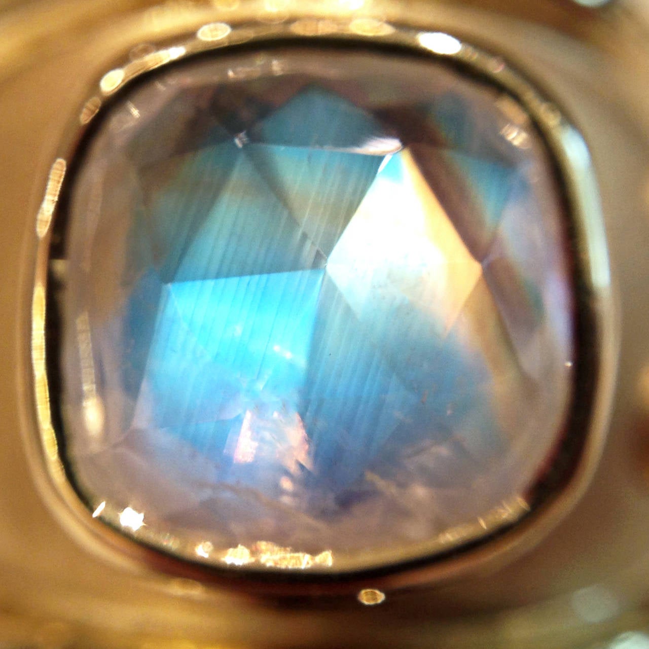 Women's Faceted Rainbow Moonstone Diamond Satin Gold Cocktail Ring
