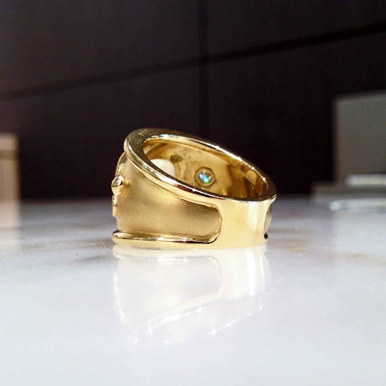 Faceted Rainbow Moonstone Diamond Satin Gold Cocktail Ring 2