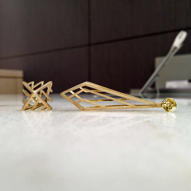 Contemporary Three Dimensional Gold Prism Cage Earrings