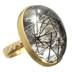 Robin Waynee Mirrored Black Needle Rutilated Quartz White Diamond Dome Ring