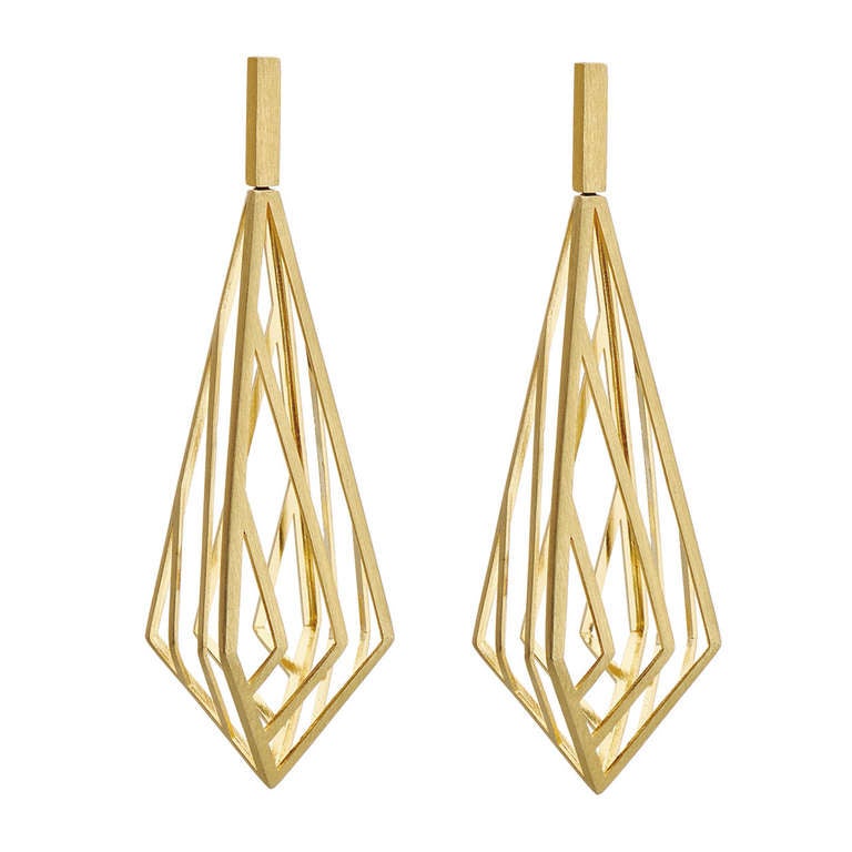 Three Dimensional Gold Prism Cage Earrings