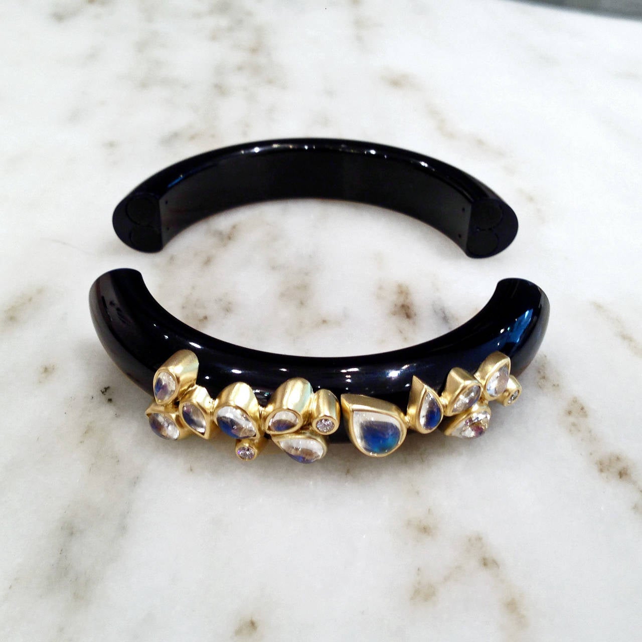 Artisan Magnetic Midnight Blue Bakelite Blue Moonstone Diamond Gold Cuff Bracelet