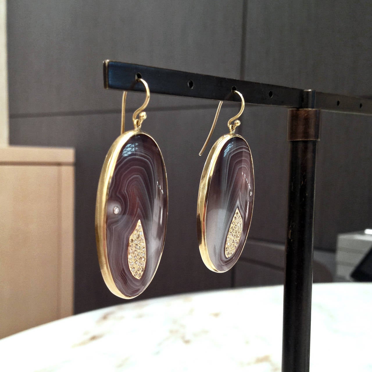 Artist Kothari Botswana Agate Inlaid Diamond Gold Wave Earrings