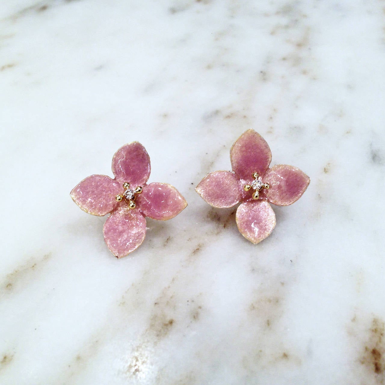 Artist Russell Trusso Handmade Pink Enamel White Diamond Gold Blossom Earrings