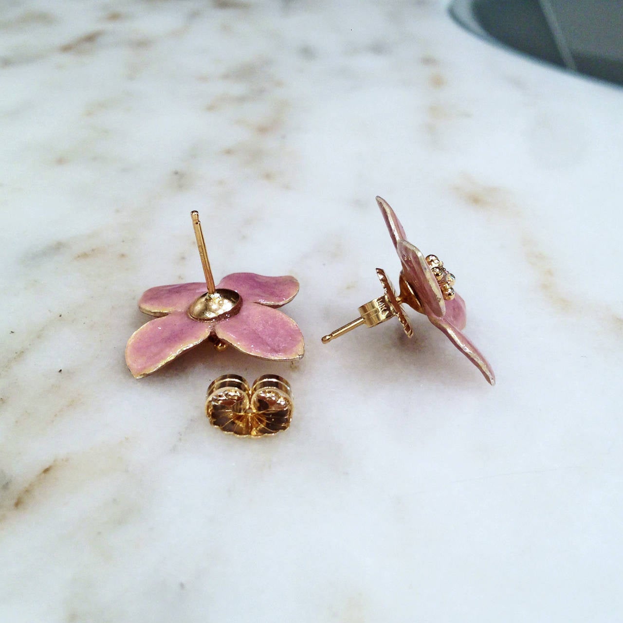 Russell Trusso Handmade Pink Enamel White Diamond Gold Blossom Earrings In New Condition In Dallas, TX