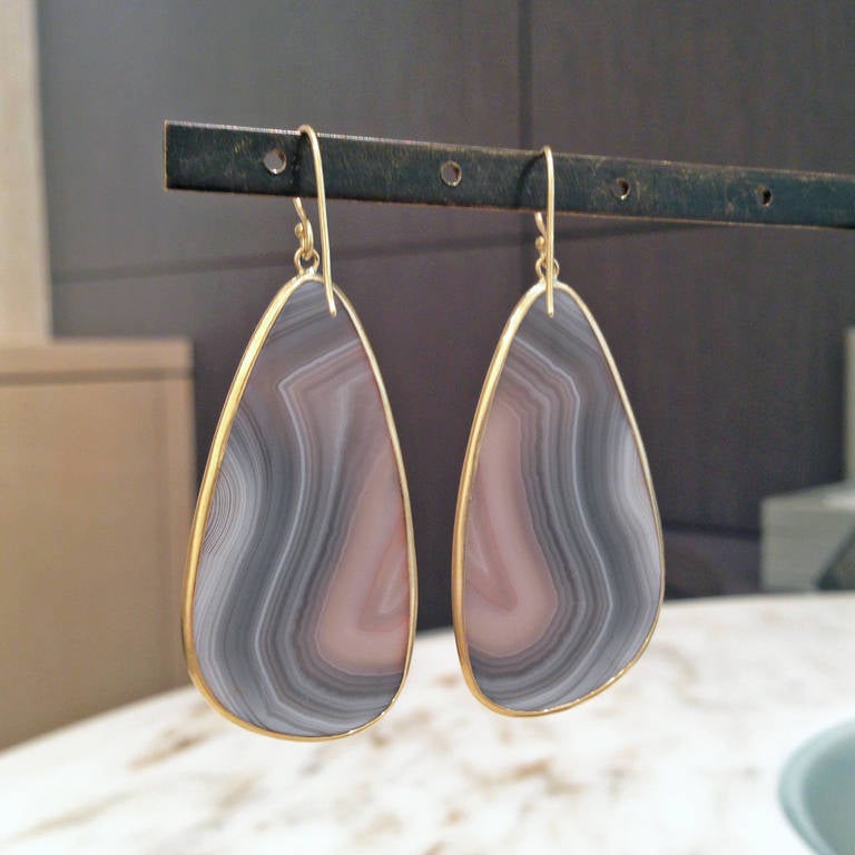 Contemporary Stunning Botswana Agate Diamond Gold Earrings