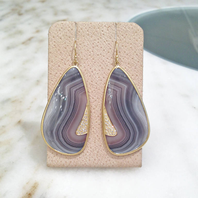 Handcrafted, one-of-a-kind Violet Tide Earrings set in 18k yellow gold with Botswana agate and inlaid diamonds (0.23tcw) on 18k yellow gold ear wires.