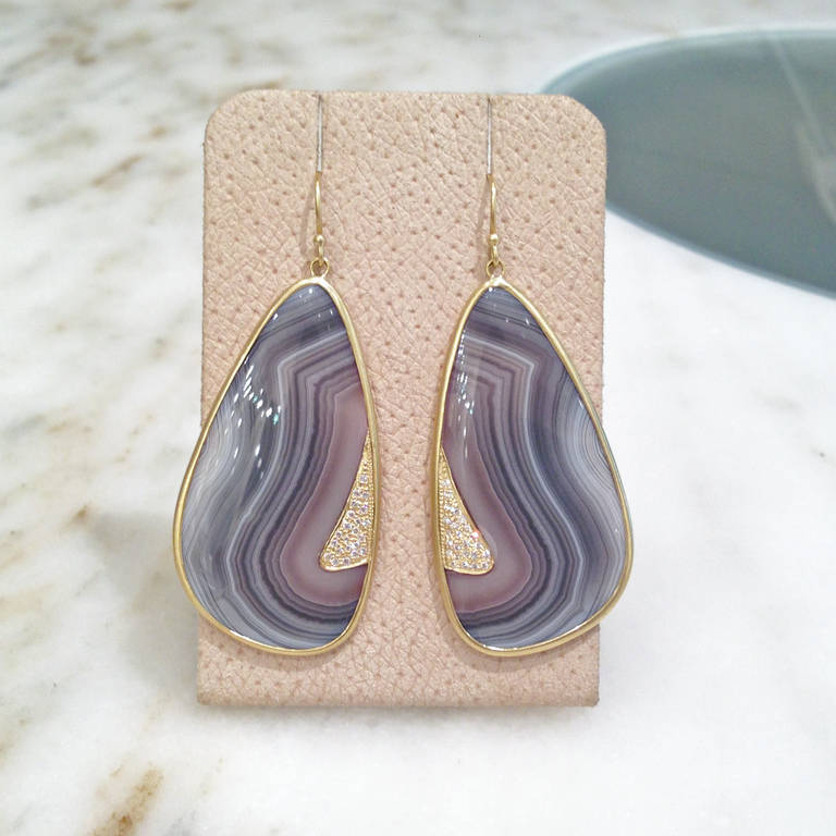Stunning Botswana Agate Diamond Gold Earrings