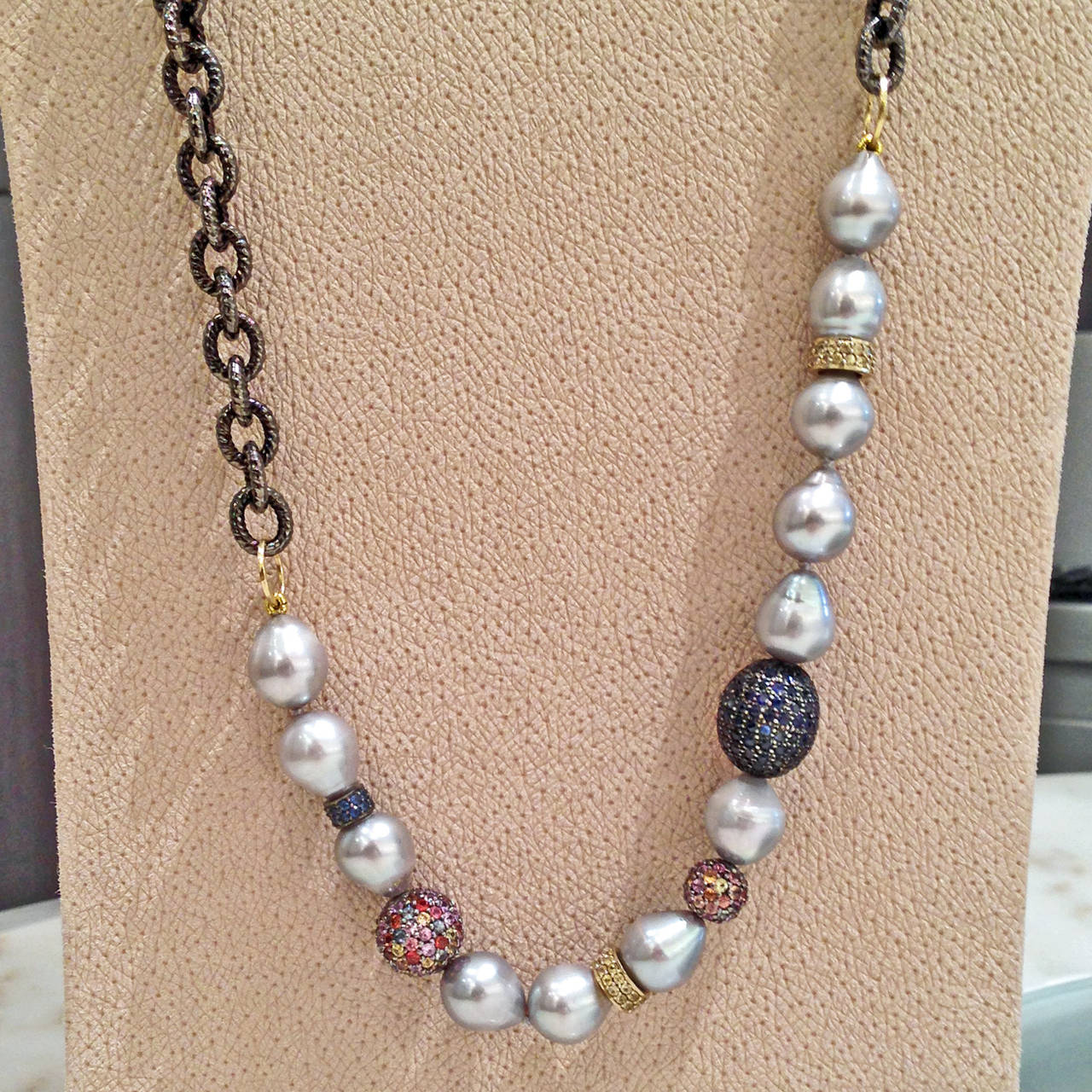 Artist Versatile Multicolored Sapphire Gray Pearl Silver Gold Multilength Necklace