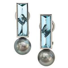 Atelier Munsteiner Tahitian Pearl Icicle Cut Aquamarine Platinum Earrings