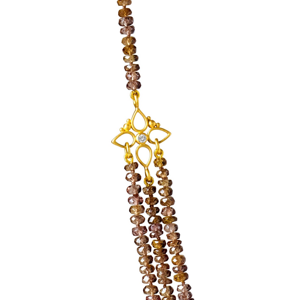 One-of-a-Kind Triple Strand Necklace with precious topaz accented by handmade 22k yellow gold cottonwood stations showcasing 0.06 carats of white round brilliant-cut diamonds and a handcrafted 22k yellow gold ornamental clasp. 17.5