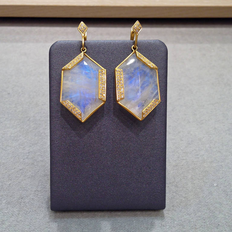 Artist Lauren Harper Golden Hexagon Moonstone Diamond Gold Dangle Earrings