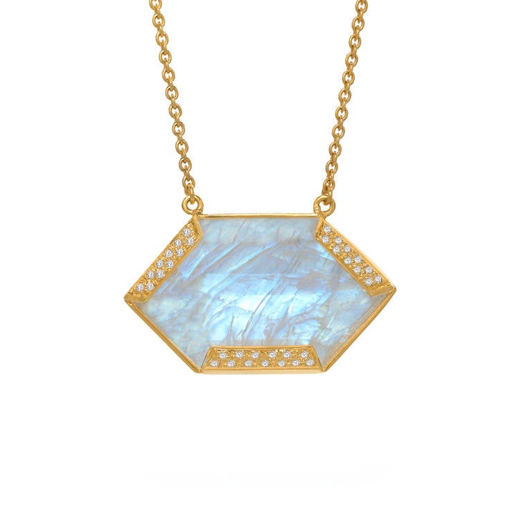 Lauren Harper Golden Hexagon Rainbow Moonstone Diamond Gold Necklace