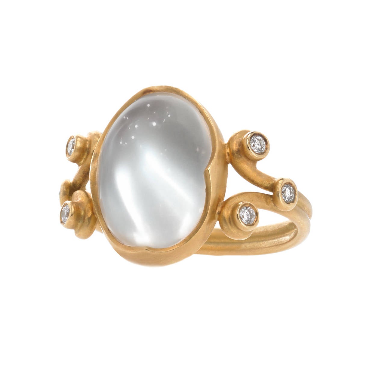 One-of-a-Kind Heavenly Ring handcrafted in matte-finished 18k yellow gold with a gorgeous 7.00 carat platinum moonstone and accenting by six white diamonds weighing a total of 0.24 carats. Size 6.5 (can be sized)