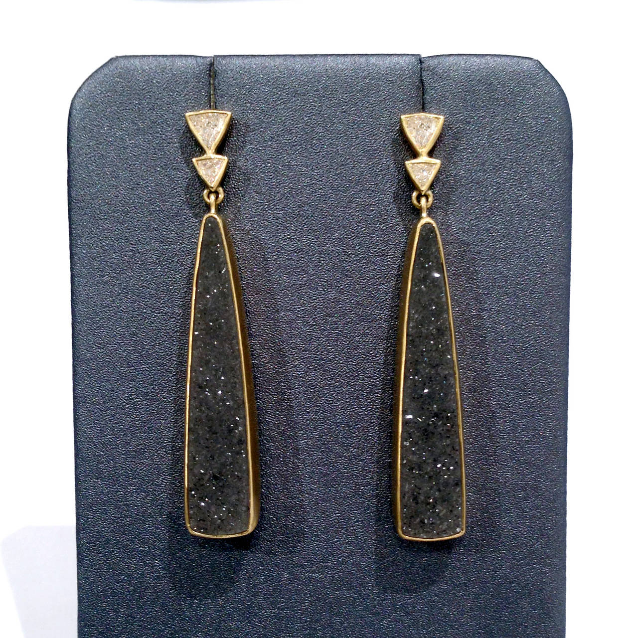 One-of-a-Kind Drop Earrings handcrafted in 18k yellow gold showcasing a matched pair of bezel-set shimmering gray druzy agate and complemented with four bezel-set trillion-cut white diamonds totaling 0.36 carats. Each earring weighs 3.6 grams.